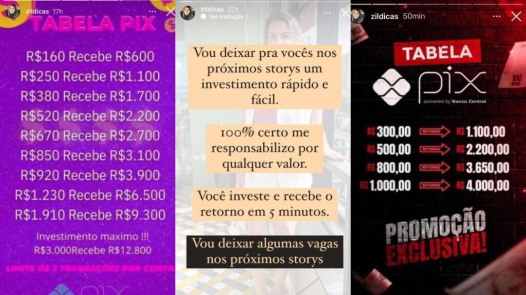 exemplos reais de como é aplicado o Golpe do Investimento no Instagram.